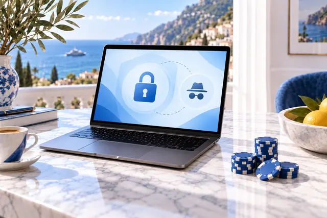 casino online anonimi: portatile con un lucchetto e un’icona in incognito, fiches accanto