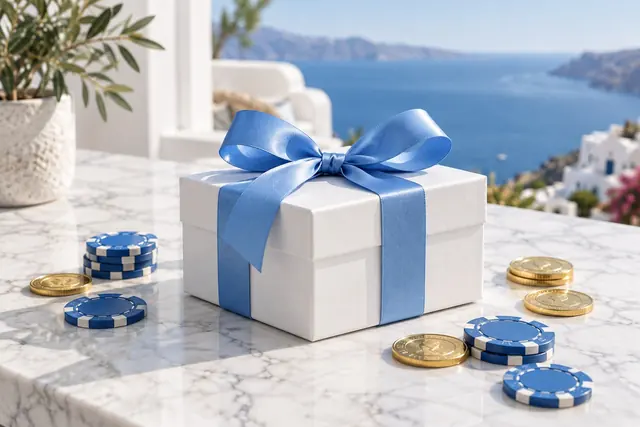 bonus senza deposito immediato: pacco regalo con fiocco blu e fiches su un tavolo bianco