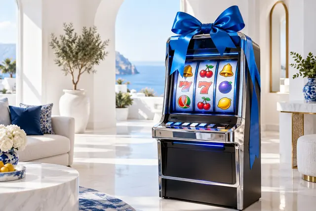 paysafecard casino: slot machine moderna con un fiocco regalo sopra lo schermo