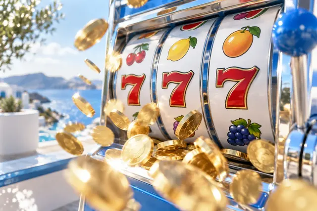 casino crypto: rulli di una slot con frutta e sette da cui escono monete