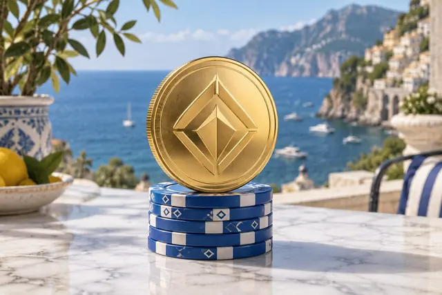 casino con bitcoin: moneta dorata di una criptovaluta su una pila di fiches