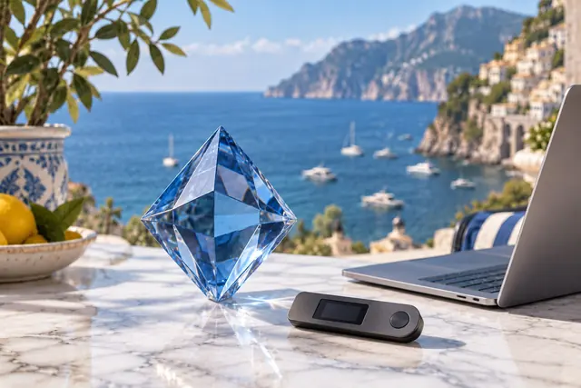 migliori casino online ethereum: cristallo a forma di diamante e portafoglio hardware accanto al portatile
