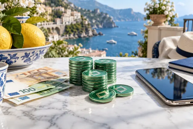 tether casino: monete verdi di una stablecoin impilate accanto a banconote in euro