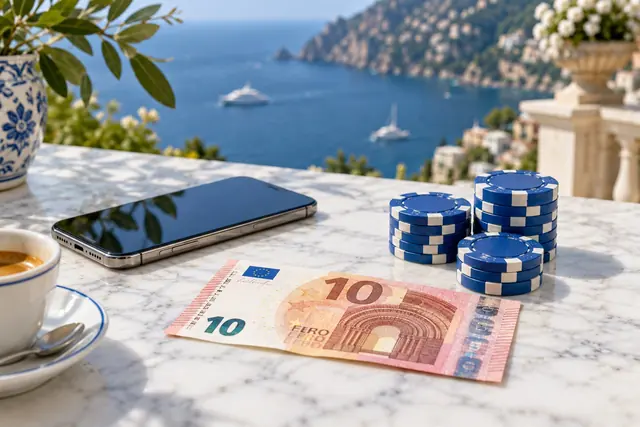casino satispay: banconota da dieci euro, smartphone e fiches ordinate