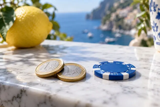 casino non aams deposito minimo 2 euro: due monete da un euro su un tavolo di marmo con una fiche