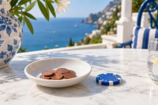 casino che pagano subito: monetine da pochi centesimi in un piattino accanto a una fiche