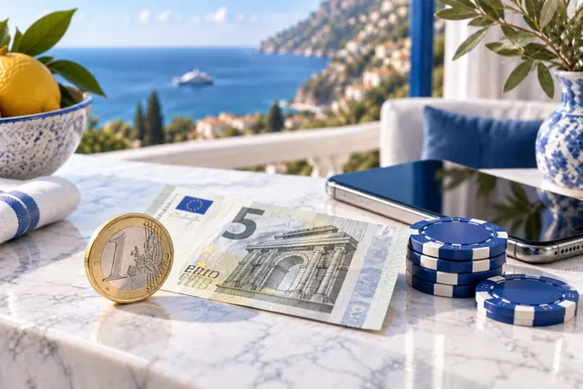 migliori casino nexi: moneta da un euro e banconota da cinque accanto a poche fiches
