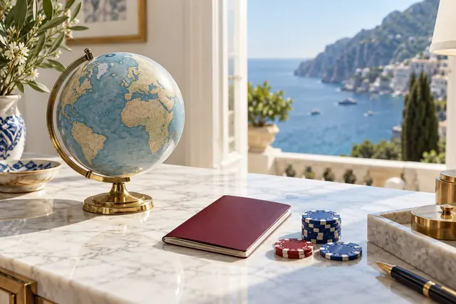 casino stranieri: mappamondo, passaporto e fiches su una scrivania