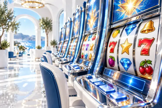 chicken road casino: fila di schermi di slot colorate in una sala luminosa