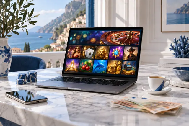 migliori casino online italia: portatile con la lobby di un casinò, smartphone, espresso, fiches e banconote in euro