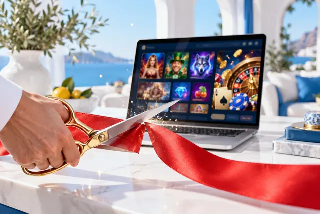 nuovi casino non aams: nastro rosso tagliato davanti a un portatile con la lobby di un casinò