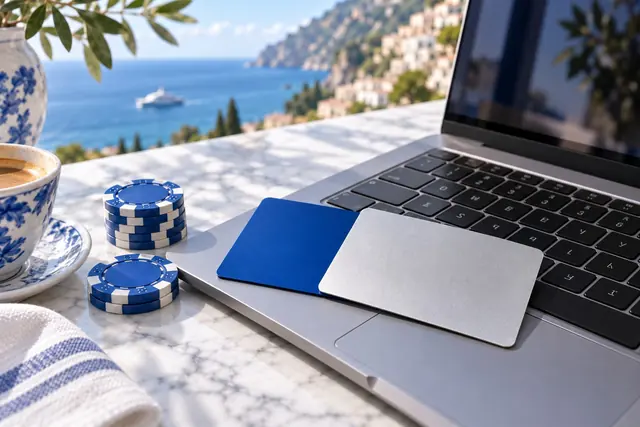 visa casino: due carte bancarie senza scritte sulla tastiera di un portatile, con fiches