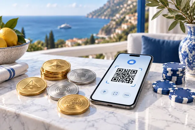 coin strike: monete crypto, smartphone con codice QR e fiches