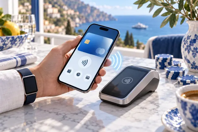 casino non aams apple pay: smartphone avvicinato a un terminale contactless