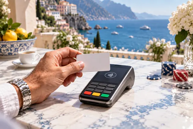 migliori casino nexi: carta avvicinata a un terminale POS con fiches sullo sfondo