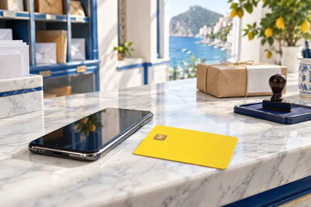 casino paypal: carta prepagata gialla e smartphone sul banco di un ufficio postale