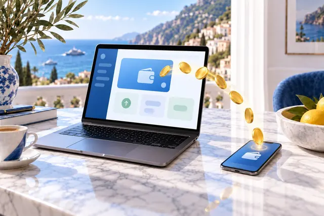 casino con bitcoin: portatile con un portafoglio elettronico e monete che passano allo smartphone