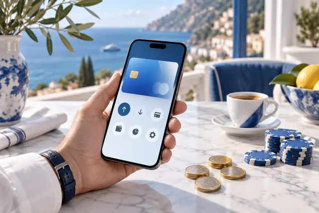 casino paypal: smartphone con un portafoglio digitale, monete in euro e fiches