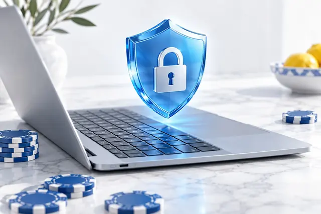 migliori casino online italia: scudo blu con lucchetto sopra la tastiera di un portatile