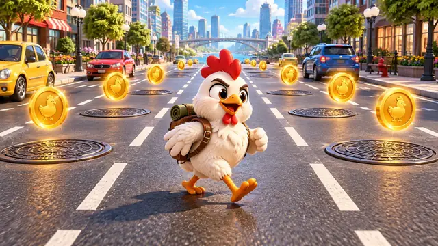 Chicken Road: un pollo dei cartoni attraversa una strada a più corsie tra tombini e monete