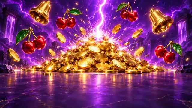 Coin Strike: monete d'oro colpite da un fulmine su sfondo viola