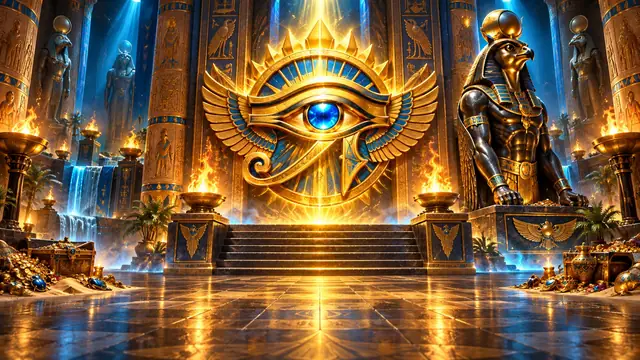 Eye of Horus: l'occhio dorato del dio falco inciso su una parete di geroglifici
