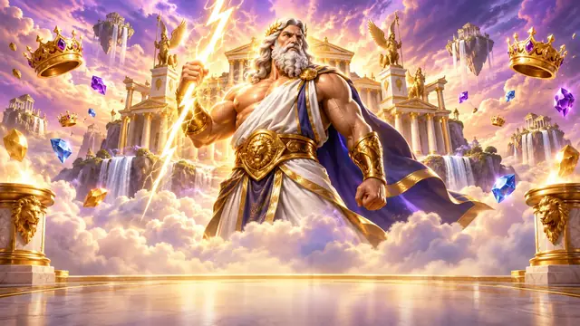 Gates of Olympus: un dio barbuto con il fulmine davanti a un tempio tra le nuvole