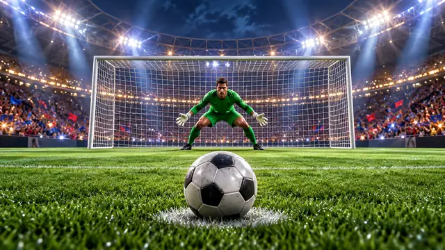 Penalty Shoot Out: un pallone sul dischetto davanti a una porta in uno stadio illuminato