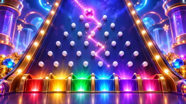 Plinko: una pallina luminosa rimbalza tra file di pioli verso caselle colorate con moltiplicatori