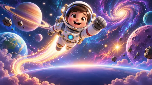 Spaceman: un astronauta dei cartoni vola tra pianeti colorati lasciando una scia luminosa