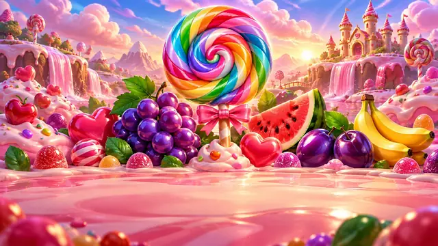 Sweet Bonanza: caramelle, frutta e un lecca-lecca arcobaleno in un paesaggio di zucchero