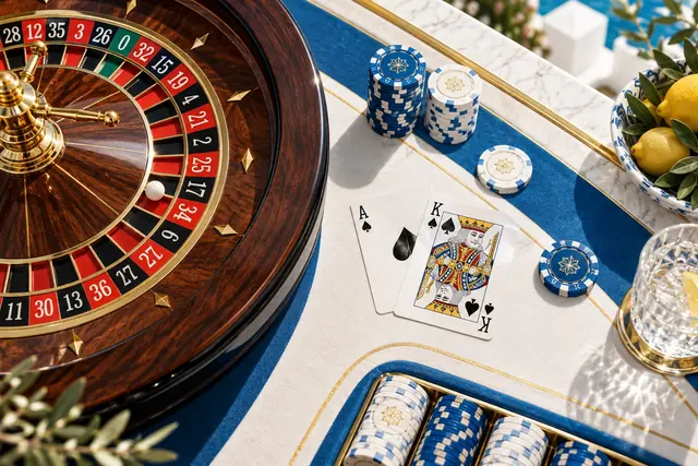casino con spid: roulette, carte da blackjack e fiches viste dall’alto